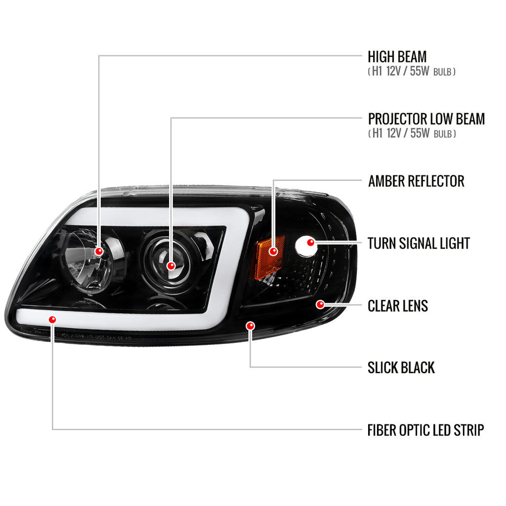 1997-2004 Ford F-150 / 1997-2002 Expedition LED C-Bar Projector Headlights (Jet Black Housing/Clear Lens)