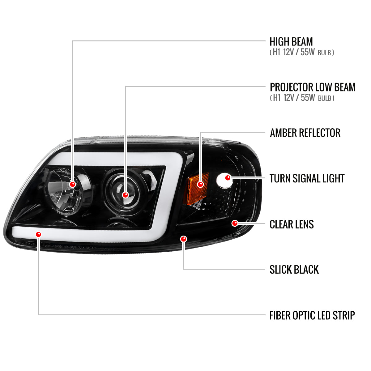 1997-2004 Ford F-150 / 1997-2002 Expedition LED C-Bar Projector Headlights (Jet Black Housing/Clear Lens)