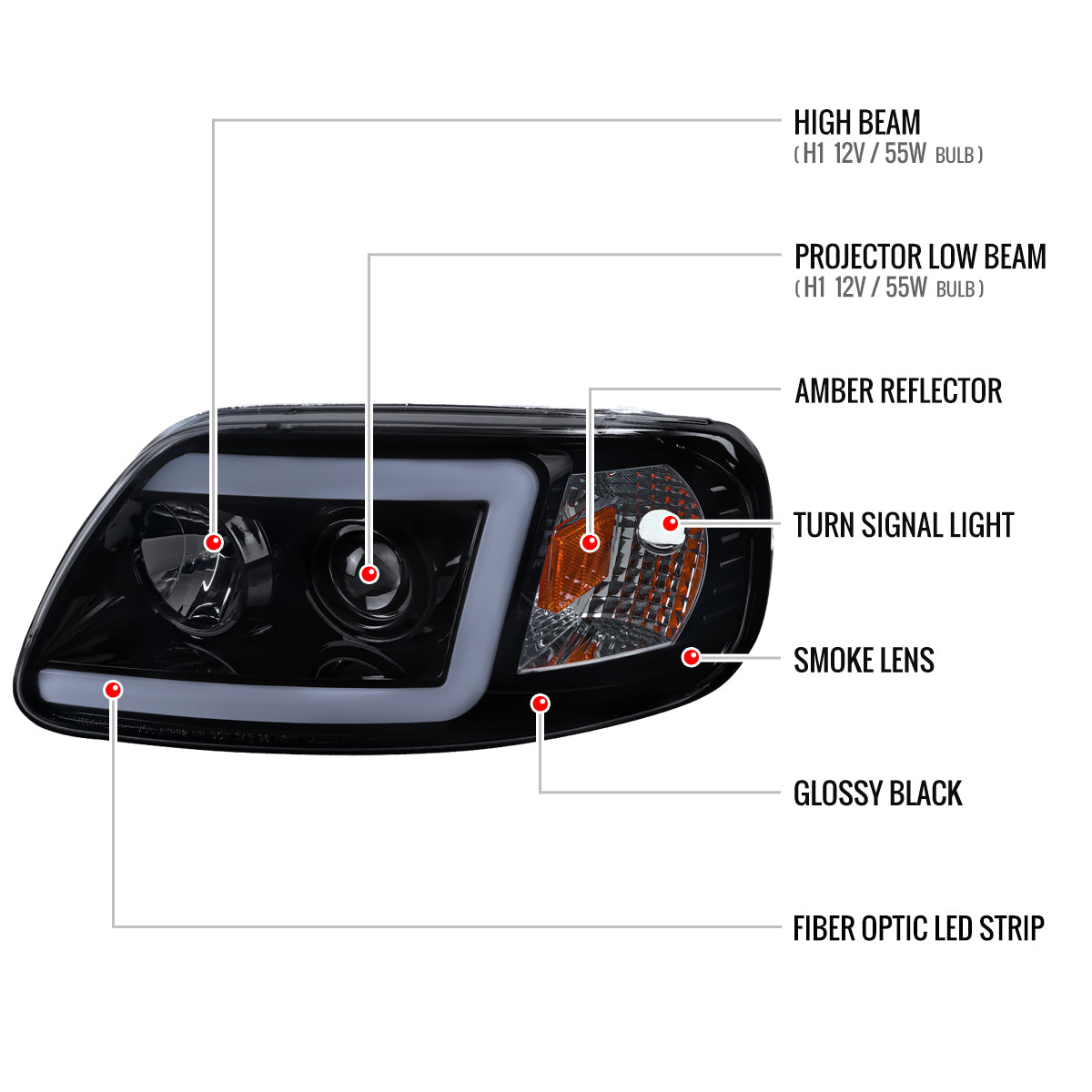 1997-2004 Ford F-150 / 1997-2002 Expedition LED C-Bar Projector Headlights (Glossy Black Housing/Smoked Lens)