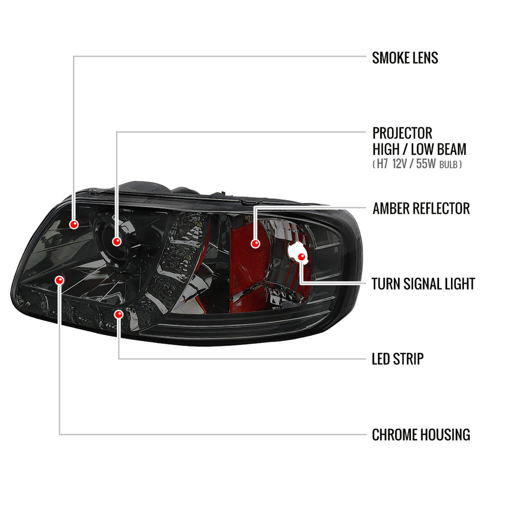 1997-2004 Ford F-150 / 1997-2002 Expedition Projector Headlights w/ SMD LED Light Strip (Chrome Housing/Smoked Lens)
