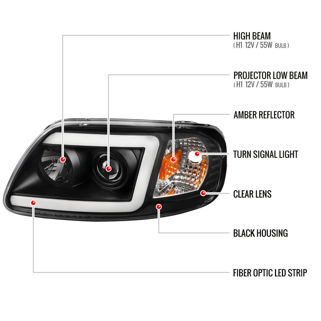 1997-2004 Ford F-150 / 1997-2002 Expedition LED C-Bar Projector Headlights (Black Housing/Clear Lens)