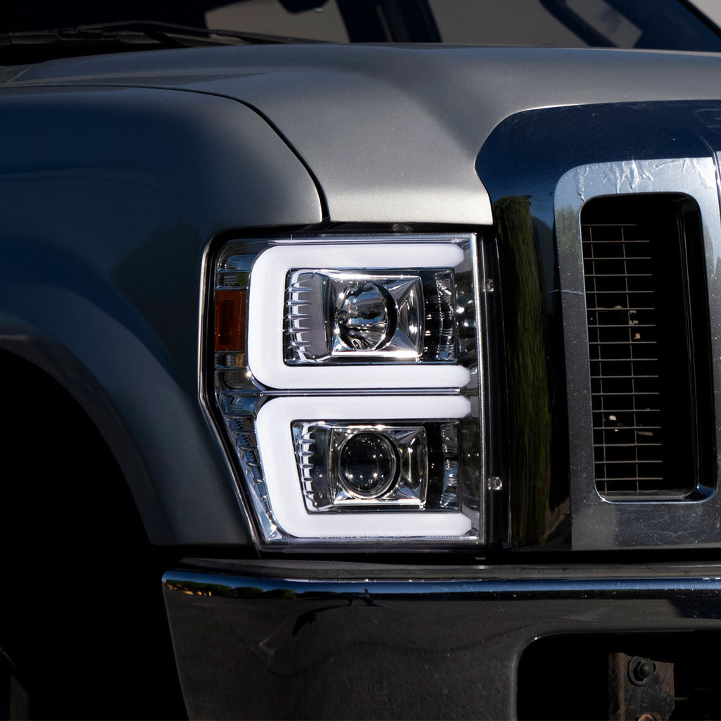 2008-2010 Ford F-250/F-350/F-450/F-550 LED Sequential Turn Signal Bar Projector Headlights (Chrome Housing/Clear Lens)