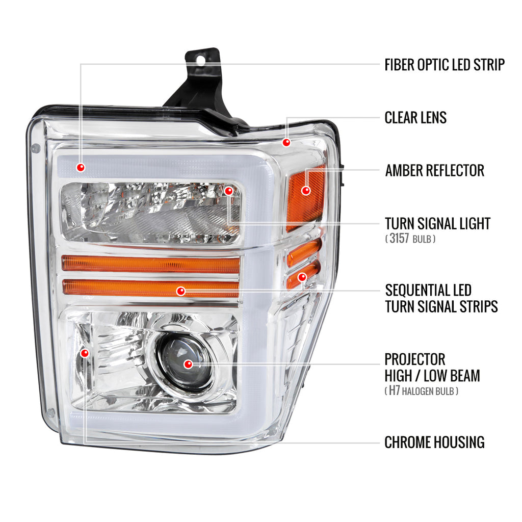 2008-2010 Ford F-250/F-350/F-450/F-550 Super Duty Projector Headlights w/ LED Sequential Turn Signal (Chrome Housing/Clear Lens)