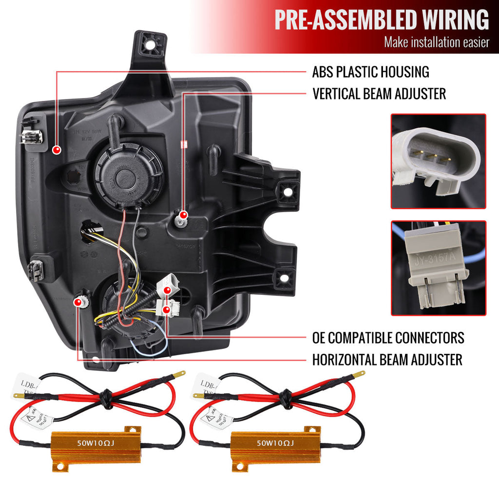 2008-2010 Ford F-250/F-350/F-450/F-550 LED Sequential Turn Signal Bar Projector Headlights (Glossy Black Housing/Smoked Lens)