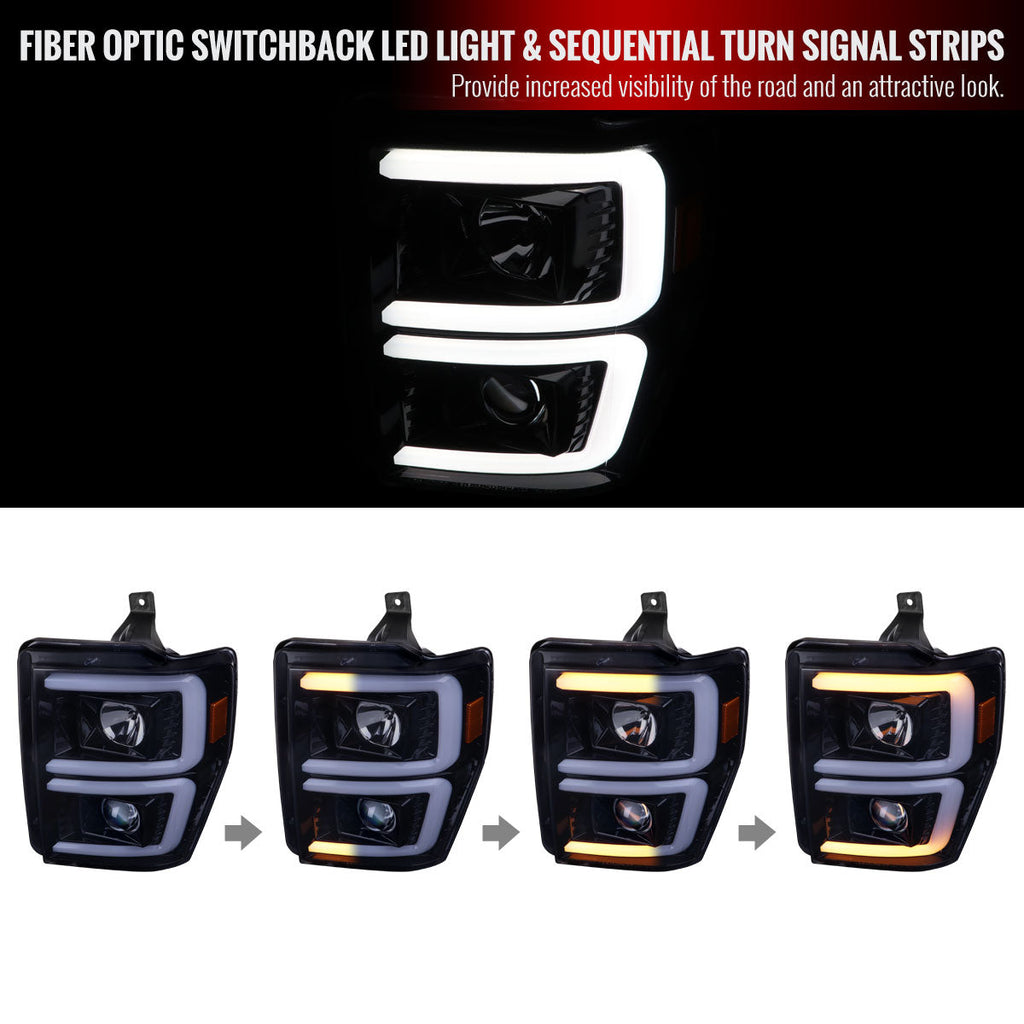 2008-2010 Ford F-250/F-350/F-450/F-550 LED Sequential Turn Signal Bar Projector Headlights (Glossy Black Housing/Smoked Lens)
