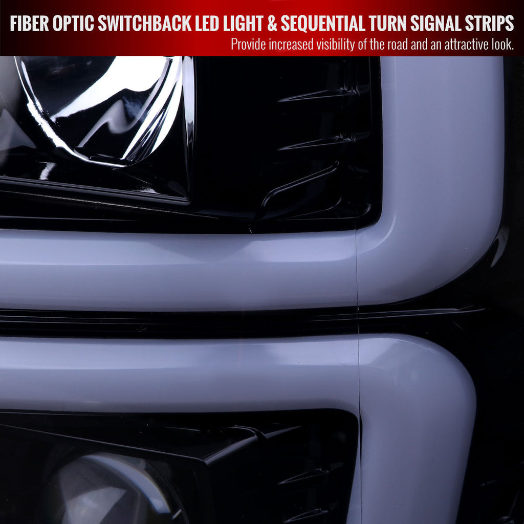 2008-2010 Ford F-250/F-350/F-450/F-550 LED Sequential Turn Signal Bar Projector Headlights (Glossy Black Housing/Smoked Lens)
