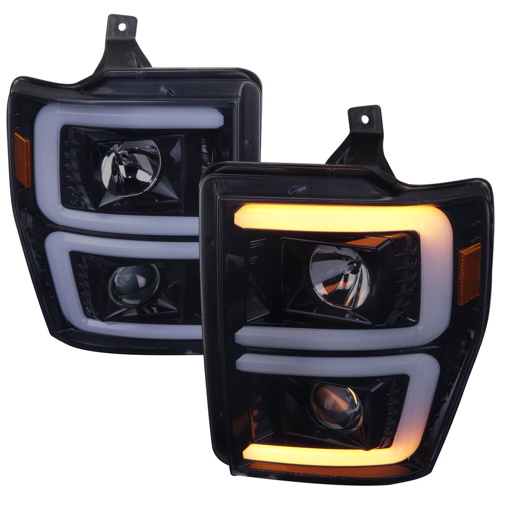 2008-2010 Ford F-250/F-350/F-450/F-550 LED Sequential Turn Signal Bar Projector Headlights (Glossy Black Housing/Smoked Lens)