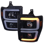 2008-2010 Ford F-250/F-350/F-450/F-550 LED Sequential Turn Signal Bar Projector Headlights (Glossy Black Housing/Smoked Lens)
