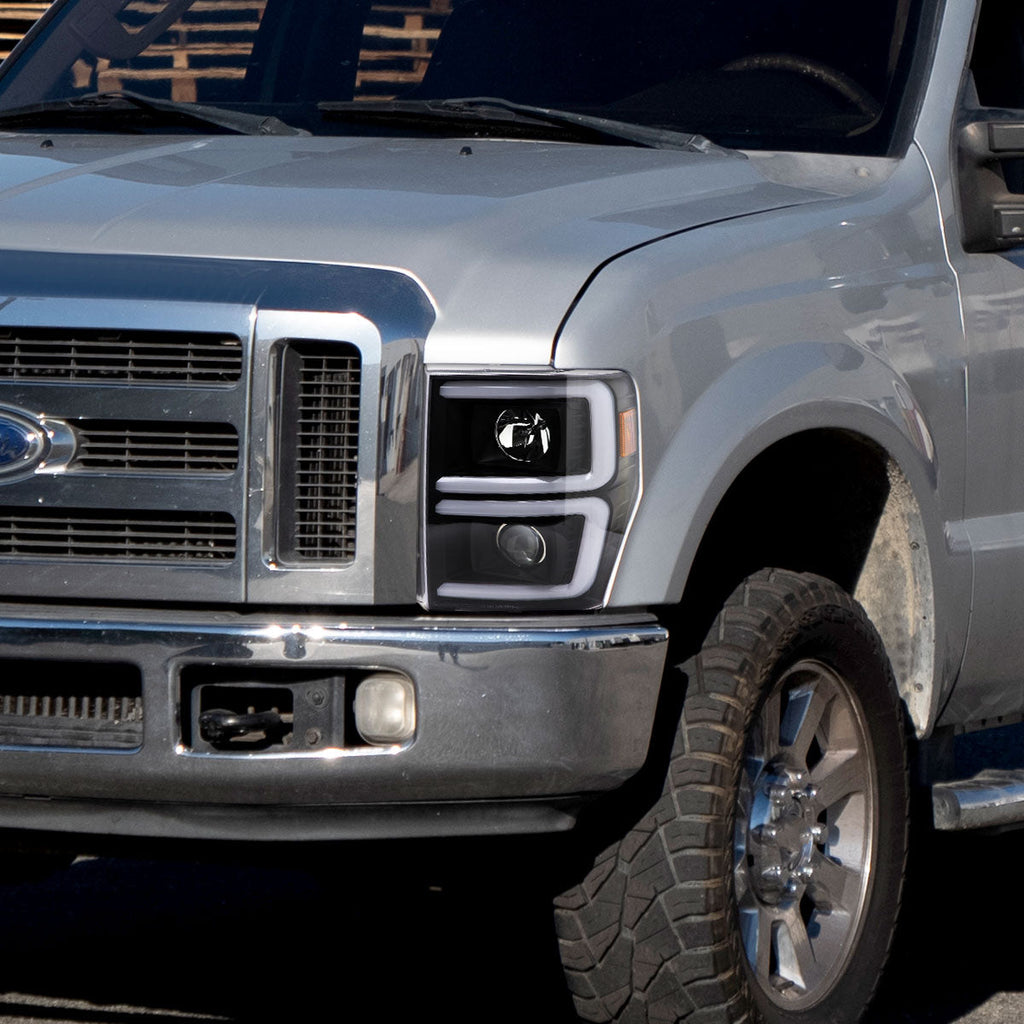 2008-2010 Ford F-250/F-350/F-450/F-550 LED Sequential Turn Signal Bar Projector Headlights (Matte Black Housing/Clear Lens)