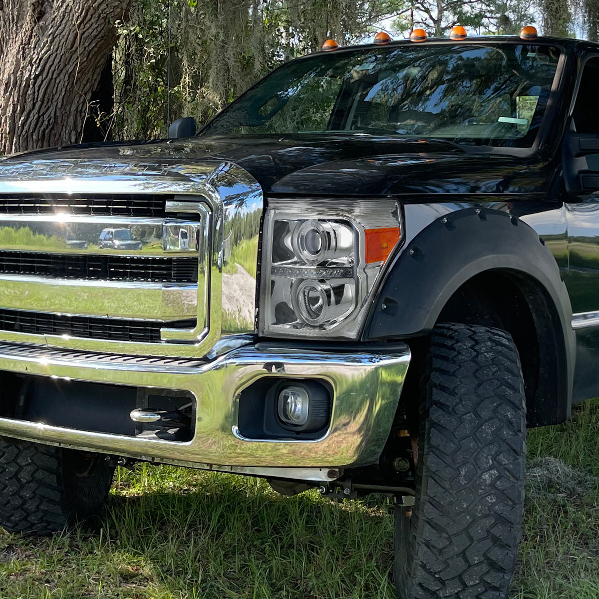 2011-2016 F-250 F-350 F-450 F-550 Dual Halo Projector Headlights w/ LED Turn Signal Lights (Chrome Housing/Clear Lens)