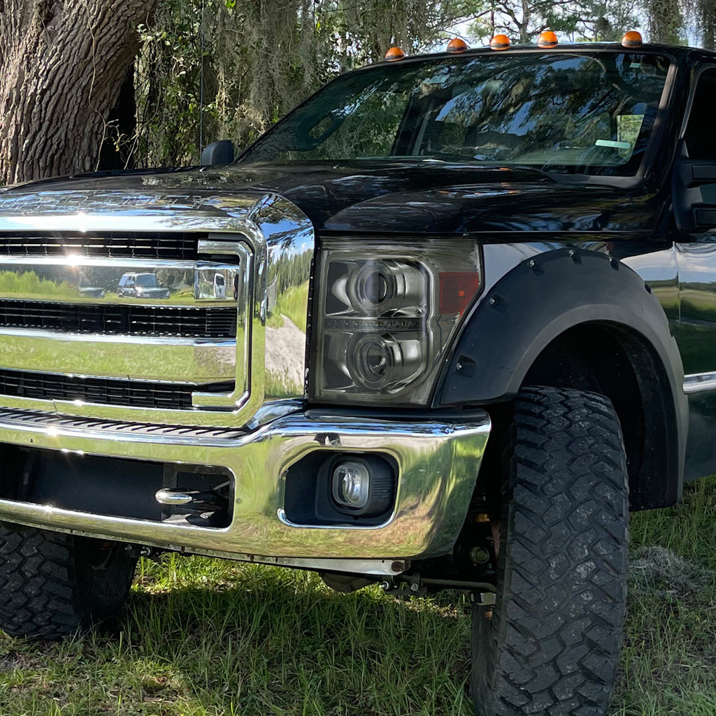 2011-2016 F-250 F-350 F-450 F-550 Dual Halo Projector Headlights w/ LED Turn Signal Lights (Chrome Housing/Smoked Lens)