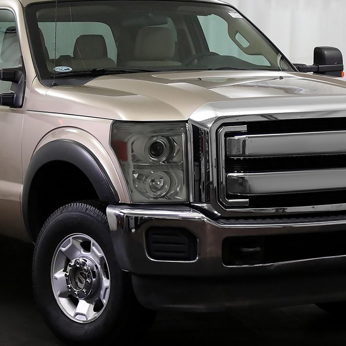 2011-2016 F-250 F-350 F-450 F-550 Dual Halo Projector Headlights w/ LED Turn Signal Lights (Chrome Housing/Smoked Lens)
