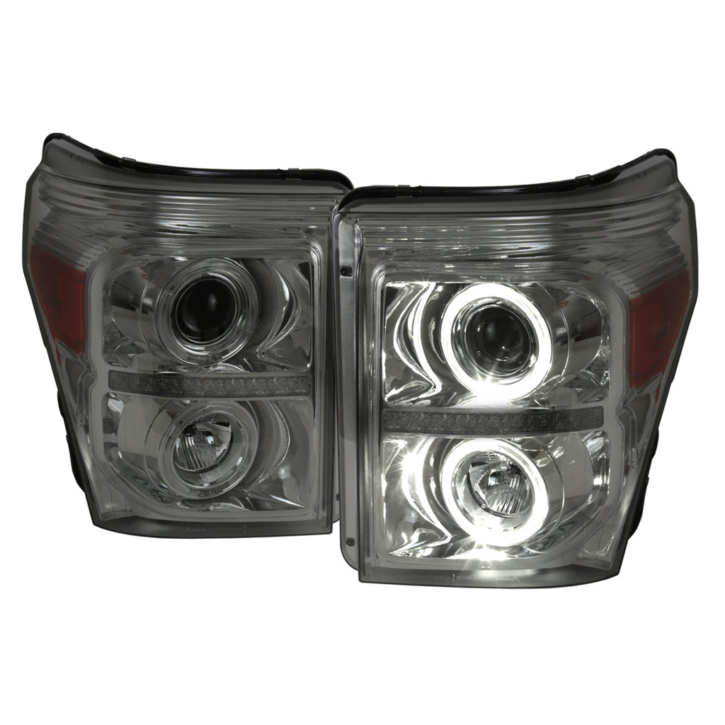 2011-2016 F-250 F-350 F-450 F-550 Dual Halo Projector Headlights w/ LED Turn Signal Lights (Chrome Housing/Smoked Lens)