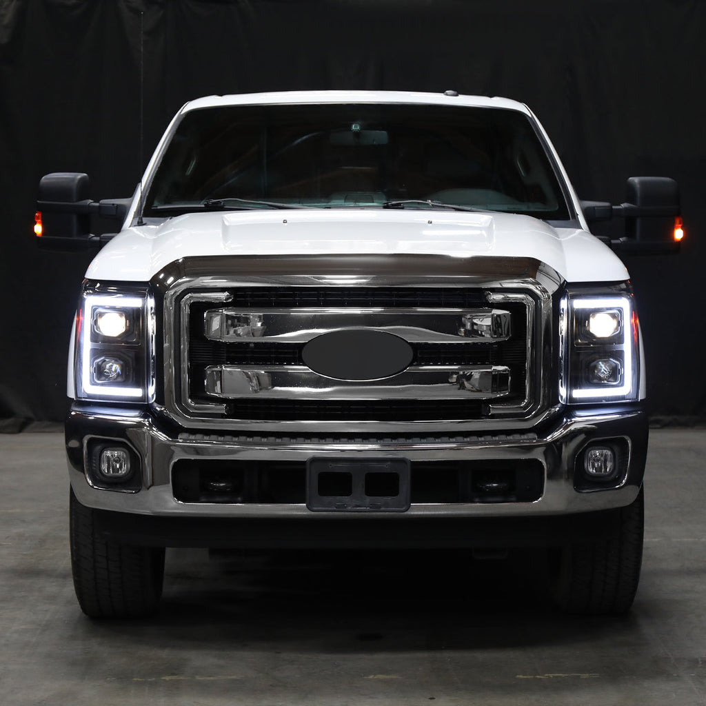 2011-2016 Ford F-250 F-350 F-450 F-550 Switchback Sequential LED C-Bar Projector Headlights (Matte Black Housing/Clear Lens)