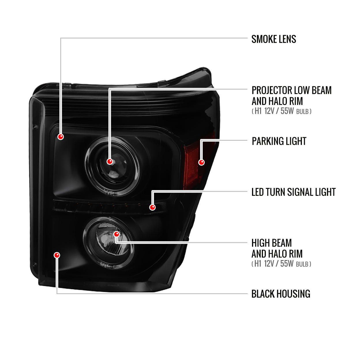 2011-2016 F-250 F-350 F-450 F-550 Dual Halo Projector Headlights w/ LED Turn Signal Lights (Black Housing/Smoked Lens)