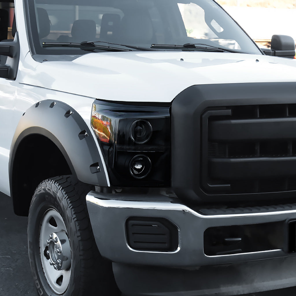 2011-2016 F-250 F-350 F-450 F-550 Dual Halo Projector Headlights w/ LED Turn Signal Lights (Black Housing/Smoked Lens)