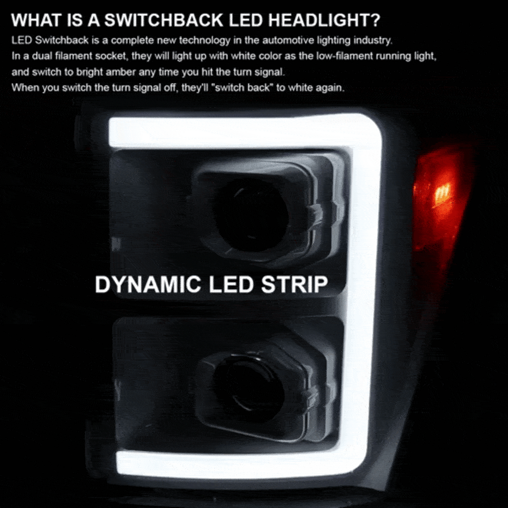 2011-2016 Ford F-250/F-350/F-450/F-550 Switchback Sequential LED C-Bar Projector Headlights (White Housing/Clear Lens)
