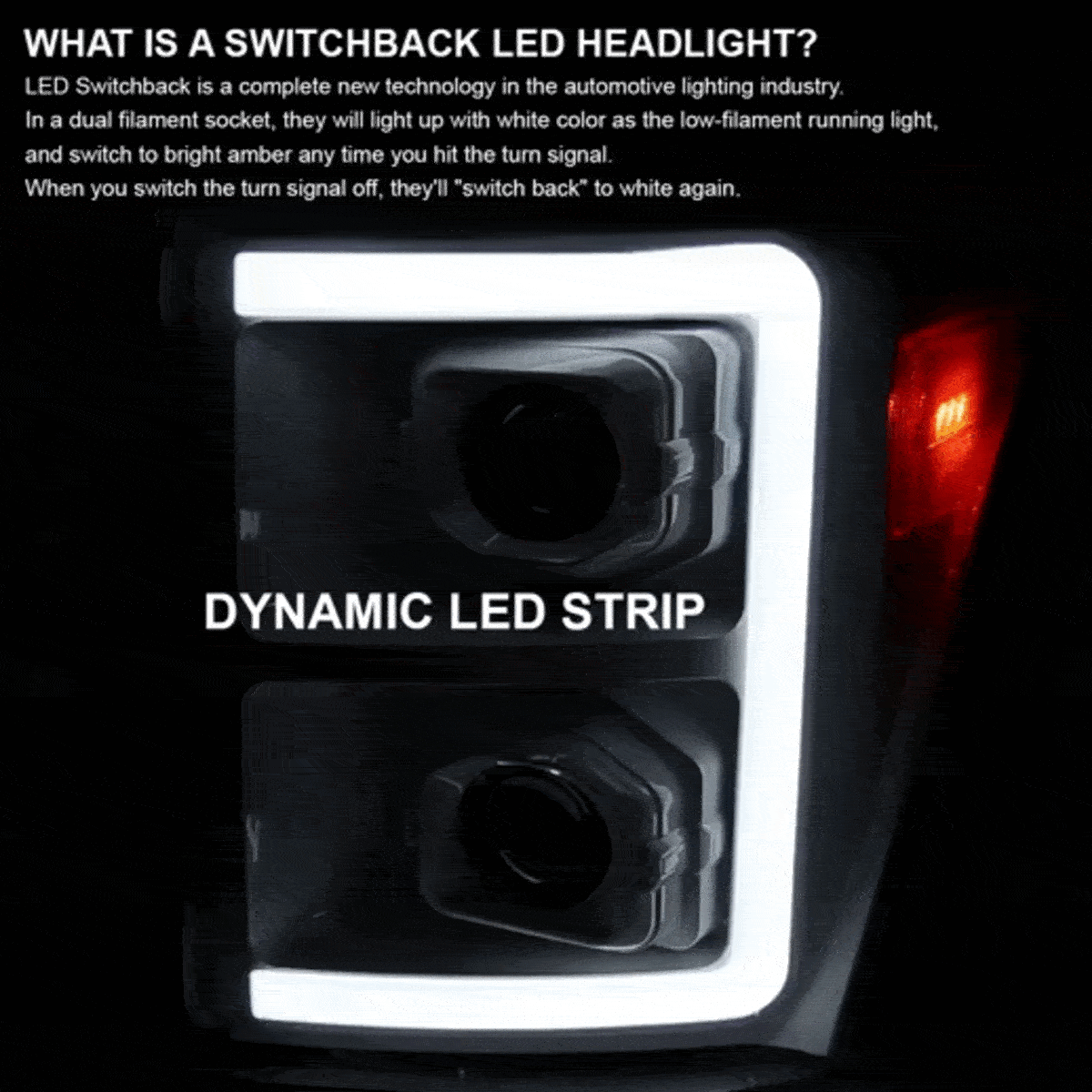 2011-2016 Ford F-250/F-350/F-450/F-550 Switchback Sequential LED C-Bar Projector Headlights (White Housing/Clear Lens)