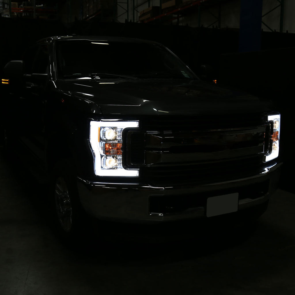 2017-2019 Ford F-250 F-350 F-450 F-550 Switchback LED C-Bar Projector Headlights (Chrome Housing/Clear Lens)