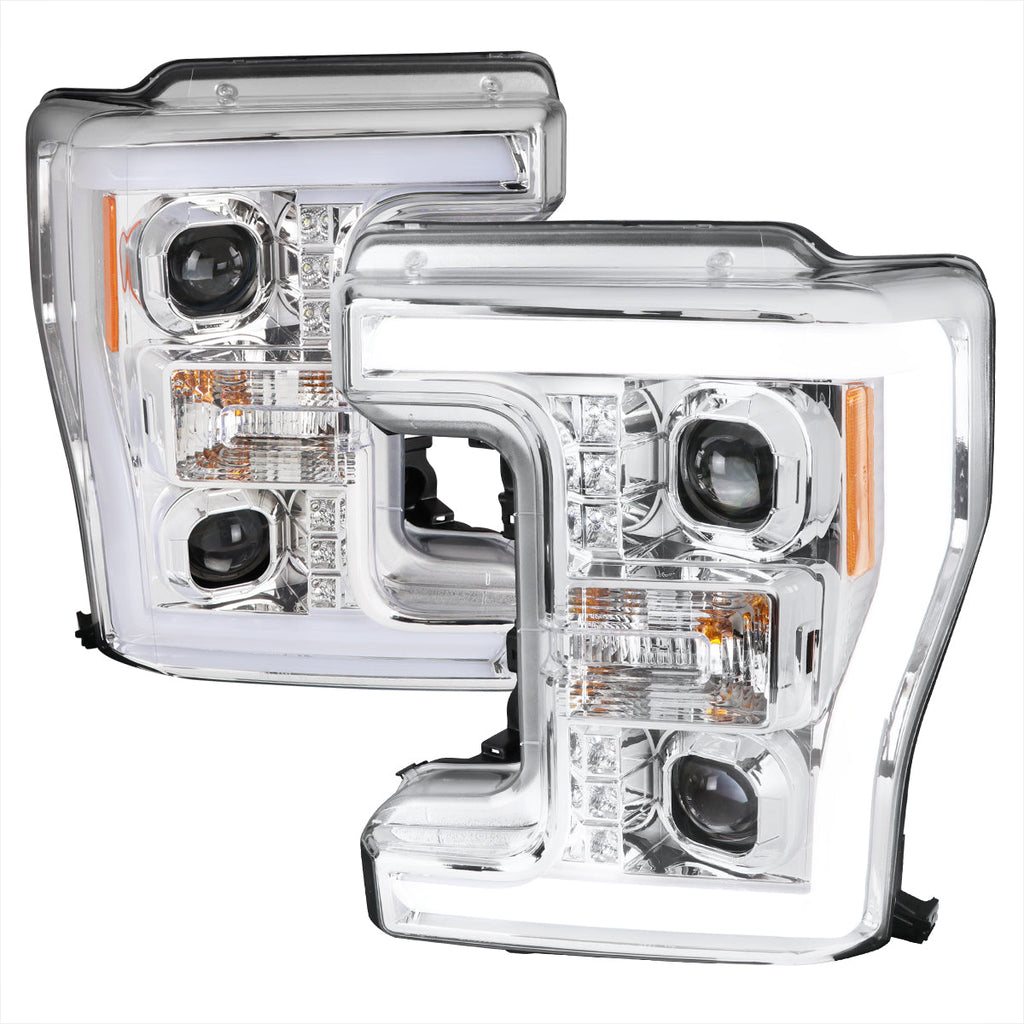 2017-2019 Ford F-250 F-350 F-450 F-550 Switchback LED C-Bar Projector Headlights (Chrome Housing/Clear Lens)