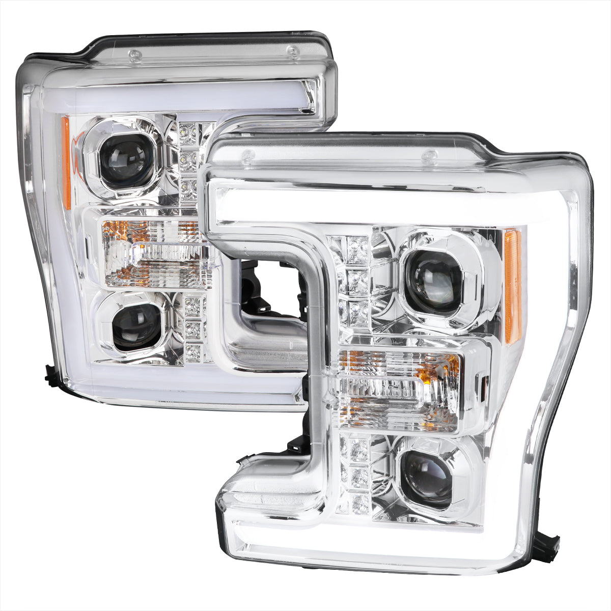 2017-2019 Ford F-250 F-350 F-450 F-550 Switchback LED C-Bar Projector Headlights (Chrome Housing/Clear Lens)