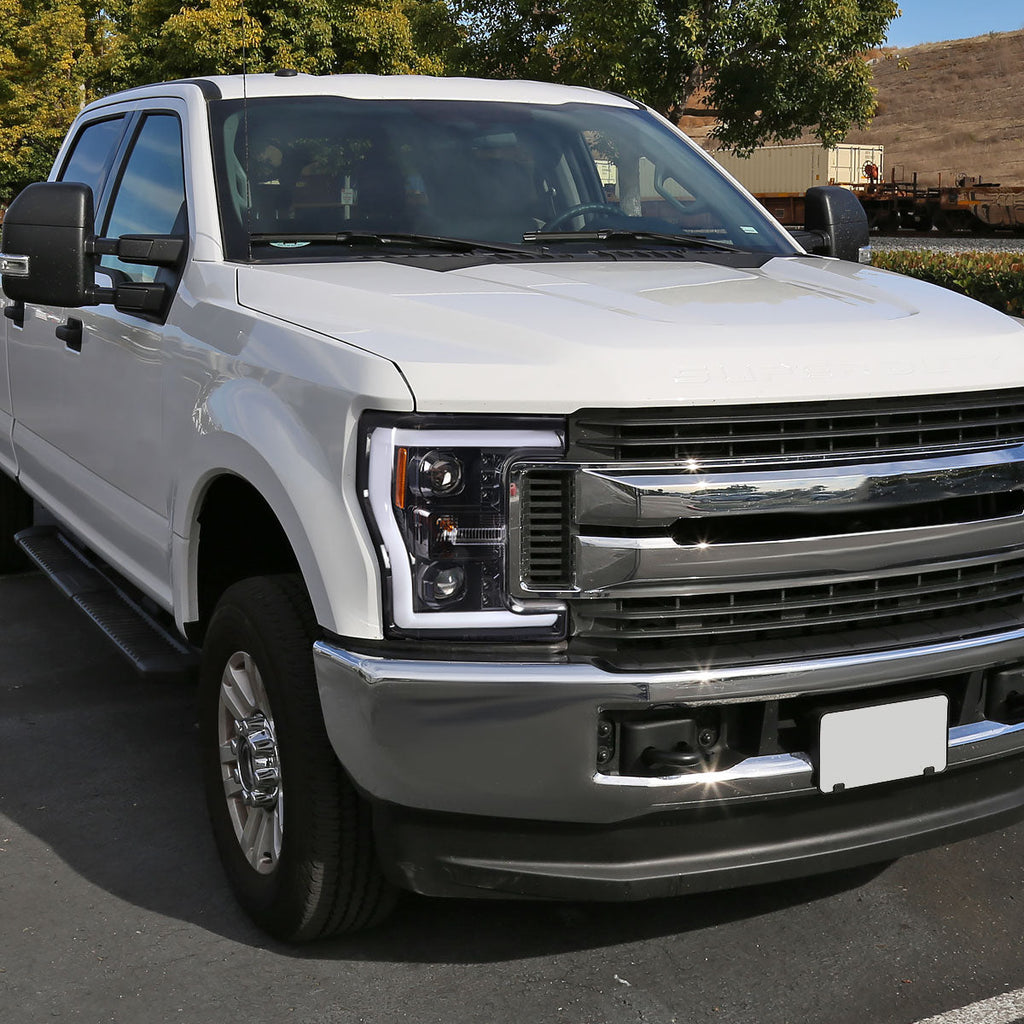2017-2019 Ford F-250 F-350 F-450 F-550 Switchback LED C-Bar Projector Headlights (Jet Black Housing/Clear Lens)
