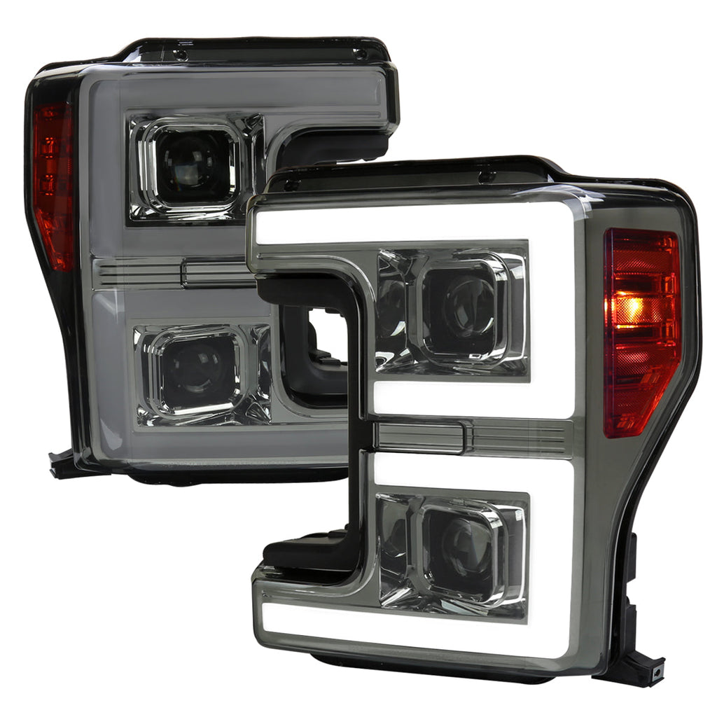 2017-2019 Ford F-250 F-350 F-450 F-550 LED C-Bar Projector Headlights w/ Switchback Sequential Turn Signals (Chrome Housing/Smoked Lens)