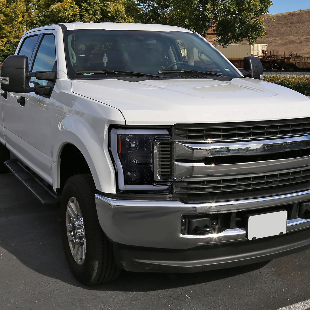 2017-2019 Ford F-250 F-350 F-450 F-550 Switchback LED C-Bar Projector Headlights (Glossy Black Housing/Smoked Lens)