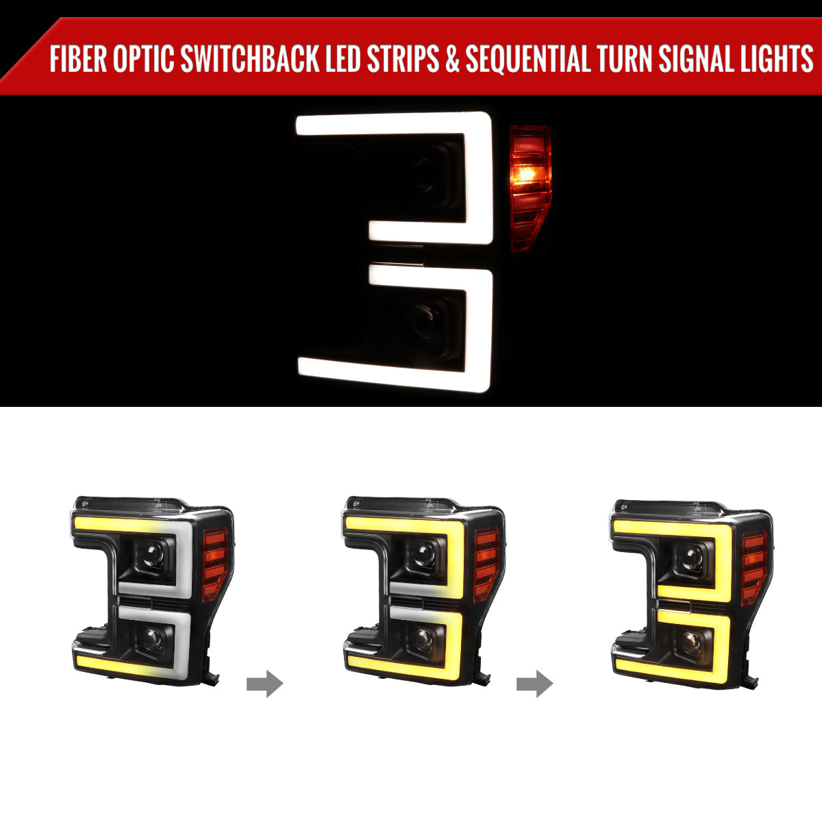 2017-2019 Ford F-250 F-350 F-450 F-550 LED C-Bar Projector Headlights w/ Switchback Sequential Turn Signals (Black Housing/Clear Lens)