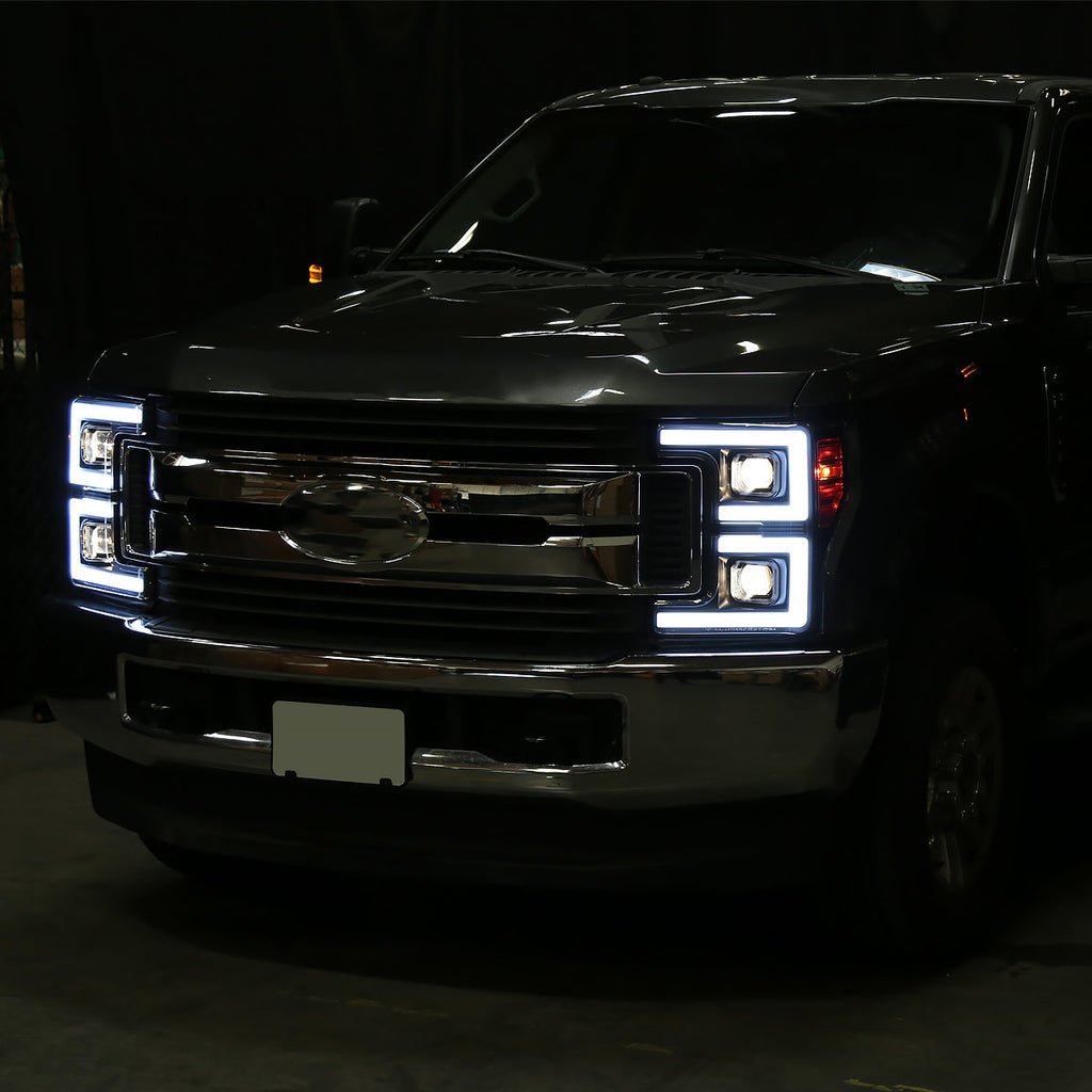 2017-2019 Ford F-250 F-350 F-450 F-550 LED C-Bar Projector Headlights w/ Switchback Sequential Turn Signals (Black Housing/Clear Lens)