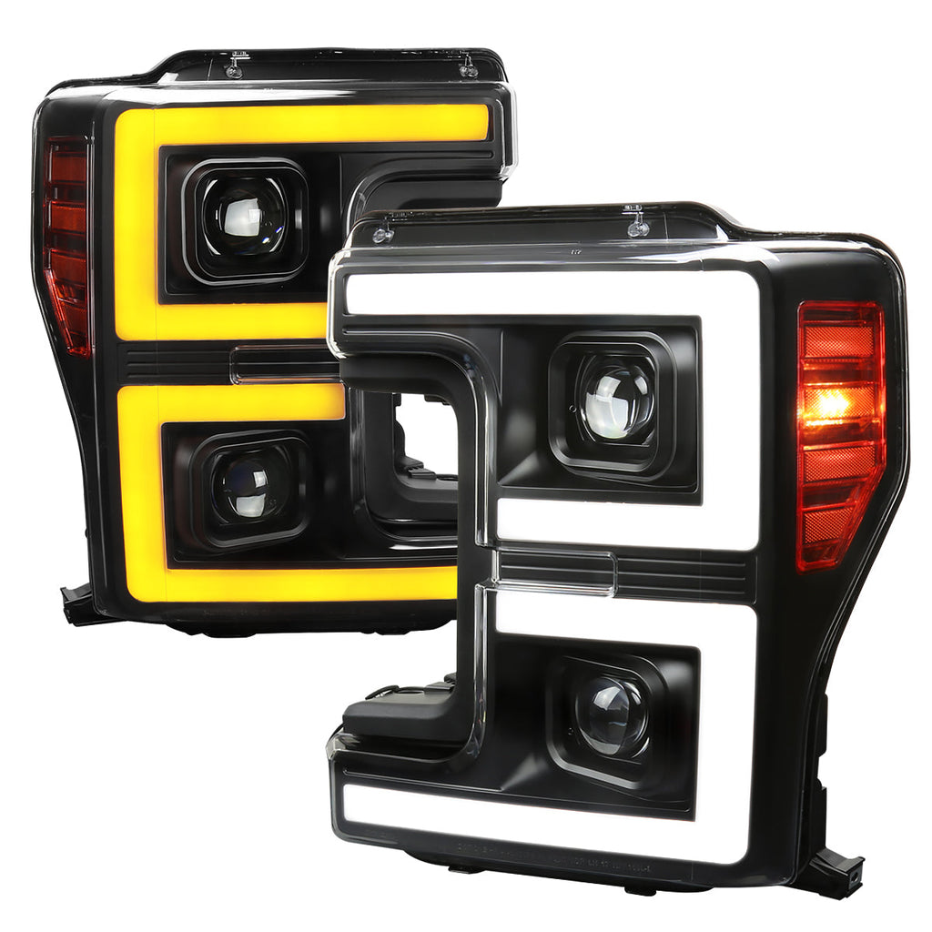 2017-2019 Ford F-250 F-350 F-450 F-550 LED C-Bar Projector Headlights w/ Switchback Sequential Turn Signals (Black Housing/Clear Lens)