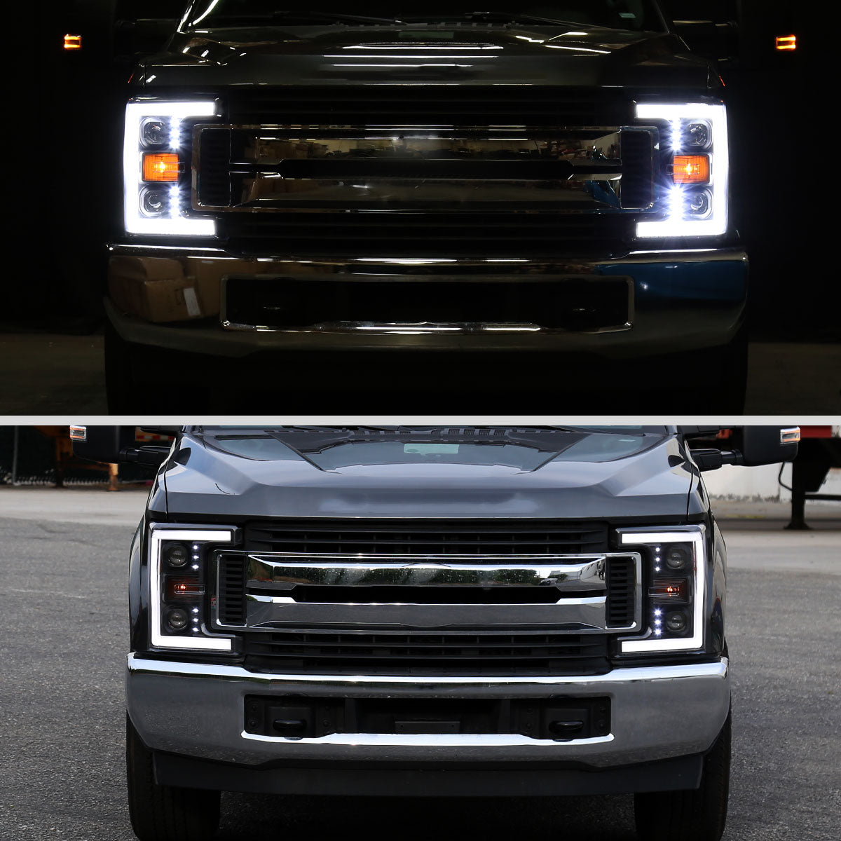 2017-2019 Ford F-250 F-350 F-450 F-550 Switchback LED C-Bar Projector Headlights (Matte Black Housing/Clear Lens)