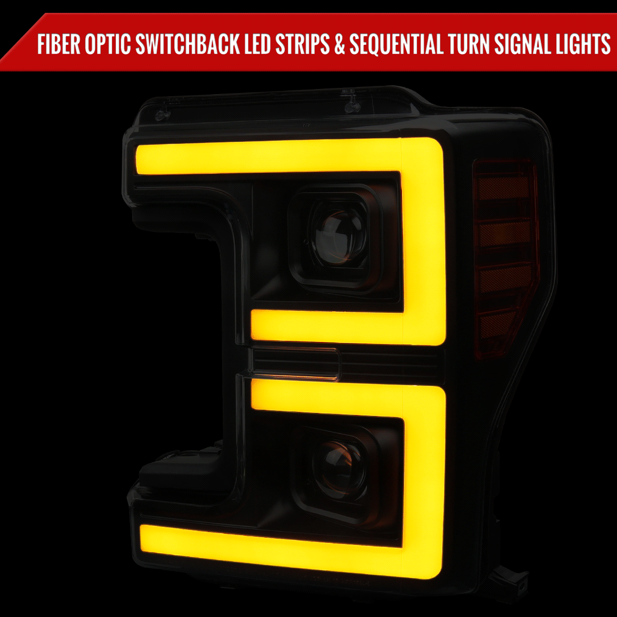 2017-2019 Ford F-250 F-350 F-450 F-550 LED C-Bar Projector Headlights w/ Switchback Sequential Turn Signals (Glossy Black Housing/Smoked Lens)