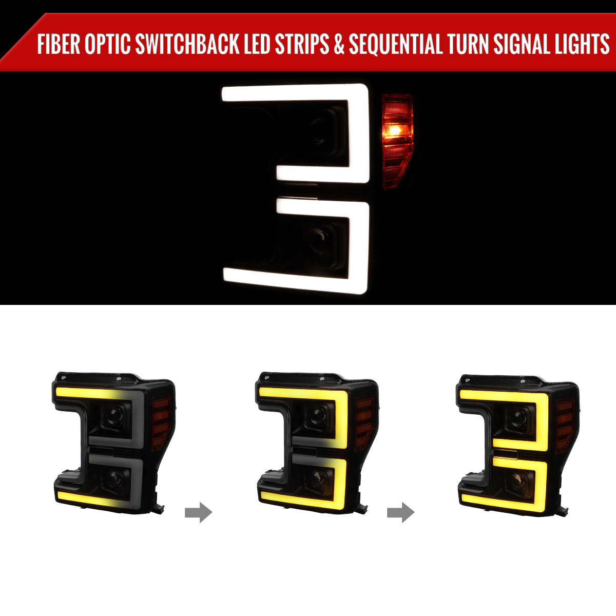 2017-2019 Ford F-250 F-350 F-450 F-550 LED C-Bar Projector Headlights w/ Switchback Sequential Turn Signals (Glossy Black Housing/Smoked Lens)