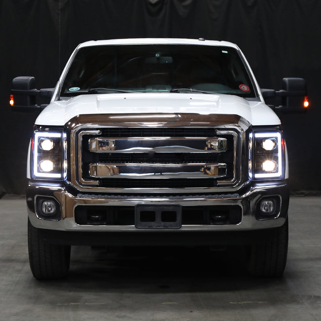 2017-2019 Ford F-250 F-350 F-450 F-550 LED C-Bar Projector Headlights w/ Switchback Sequential Turn Signals (Glossy Black Housing/Smoked Lens)
