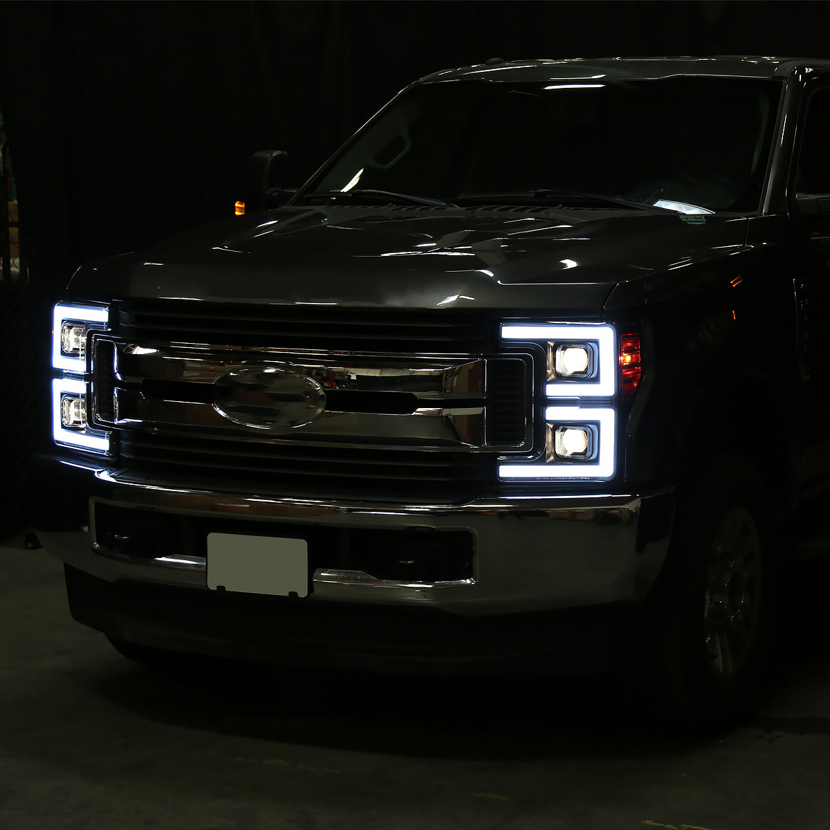 2017-2019 Ford F-250 F-350 F-450 F-550 LED C-Bar Projector Headlights w/ Switchback Sequential Turn Signals (Glossy Black Housing/Smoked Lens)