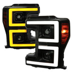2017-2019 Ford F-250 F-350 F-450 F-550 LED C-Bar Projector Headlights w/ Switchback Sequential Turn Signals (Glossy Black Housing/Smoked Lens)