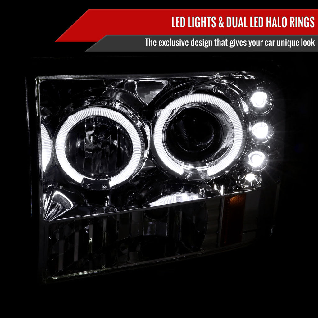 1999-2004 Ford Excursion F-250 F-350 F-450 F-550 Dual Halo Projector Headlights (Chrome Housing/Clear Lens)