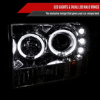 1999-2004 Ford Excursion F-250 F-350 F-450 F-550 Dual Halo Projector Headlights (Chrome Housing/Clear Lens)
