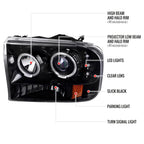 1999-2004 Ford F-250/F-350/F-450/F-550/Excursion Dual Halo Projector Headlights (Jet Black Housing/Clear Lens)