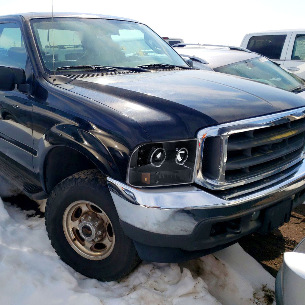 1999-2004 Ford F-250/F-350/F-450/F-550/Excursion Dual Halo Projector Headlights (Jet Black Housing/Clear Lens)