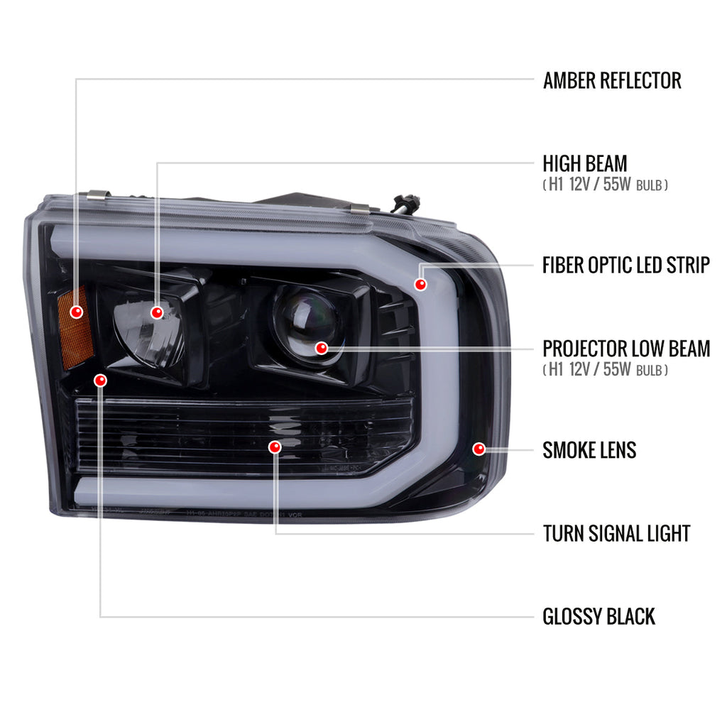 1999-2004 Ford F-250/F-350/F-450/F-550 /2000-2004 Ford Excursion LED Bar Projector Headlights (Glossy Black Housing/Light Smoked Lens)