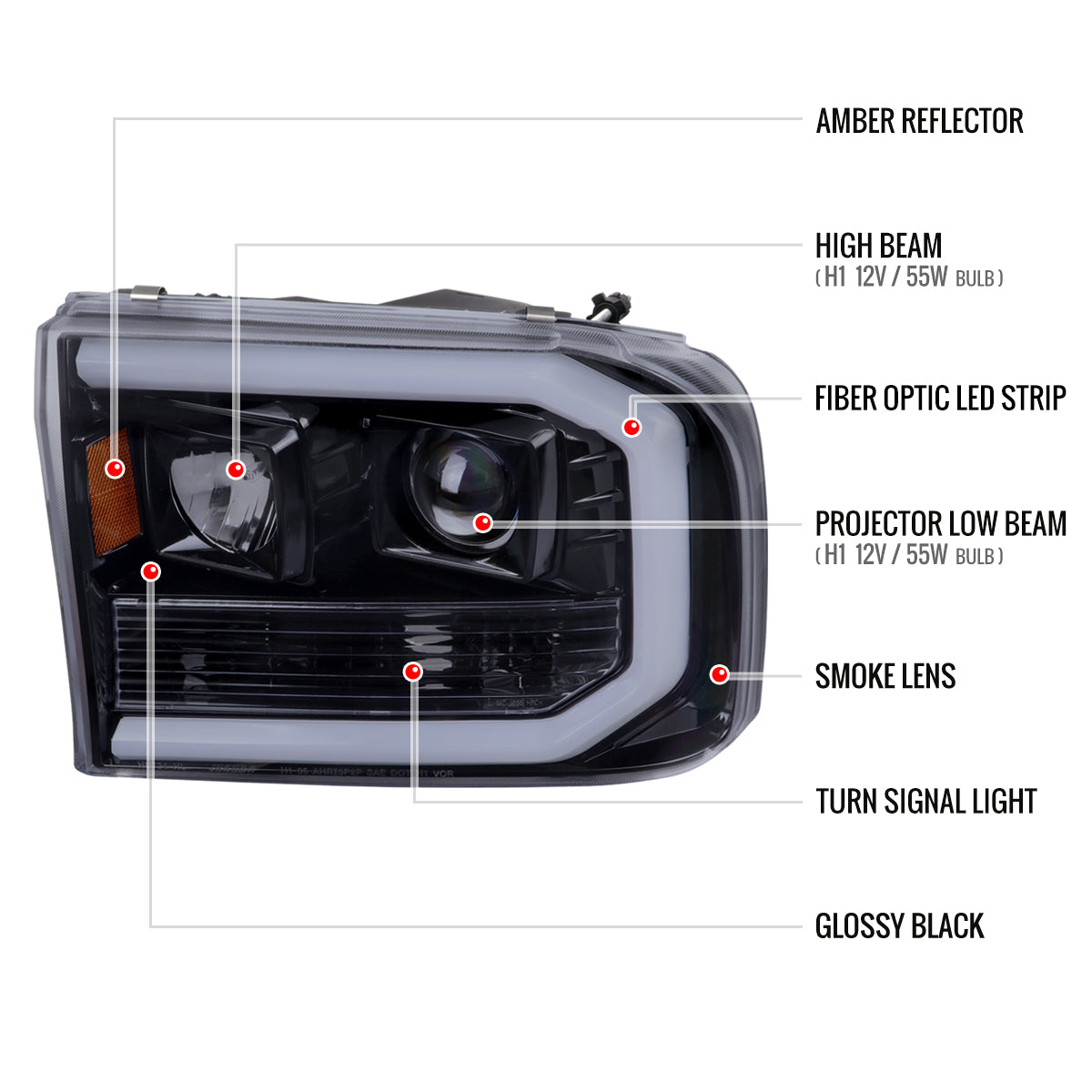 1999-2004 Ford F-250/F-350/F-450/F-550 /2000-2004 Ford Excursion LED Bar Projector Headlights (Glossy Black Housing/Light Smoked Lens)