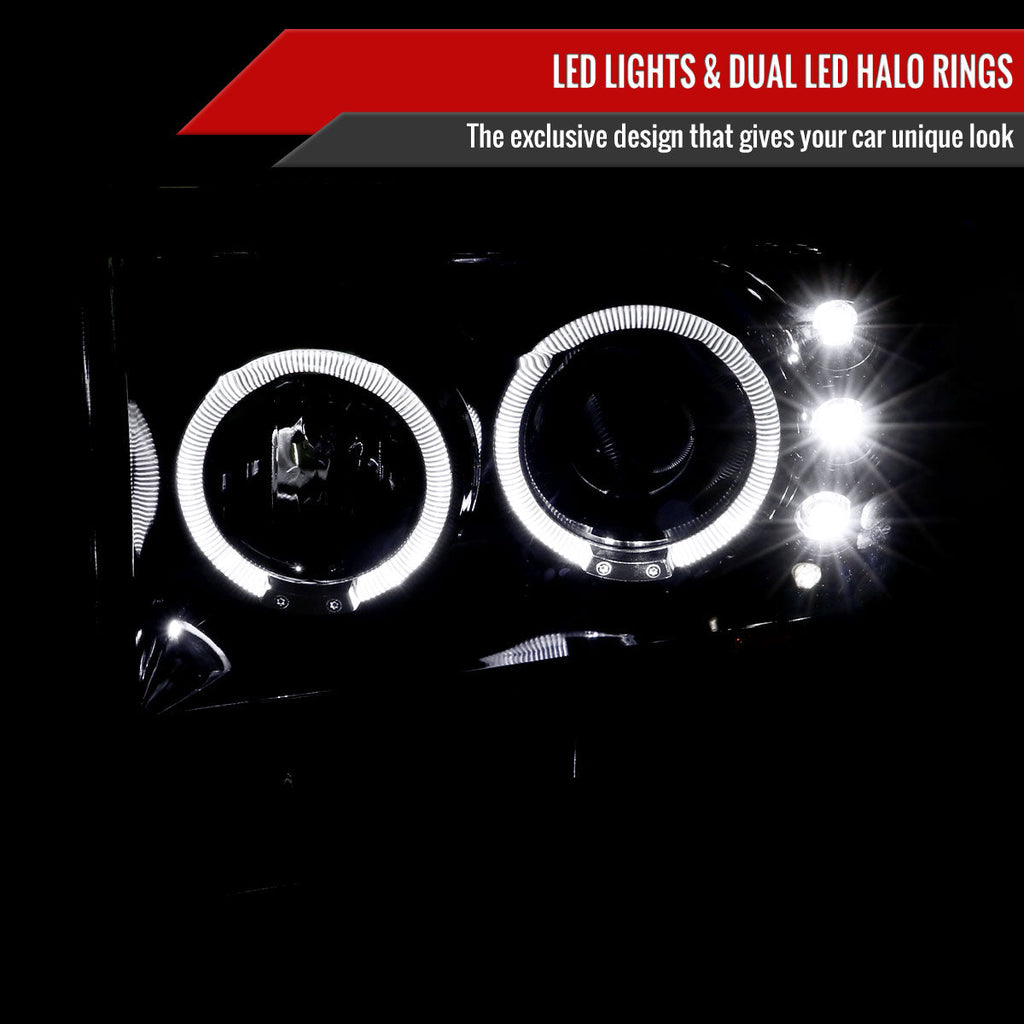 1999-2004 Ford Excursion F-250 F-350 F-450 F-550 Dual Halo Projector Headlights (Glossy Black/Smoked Lens)