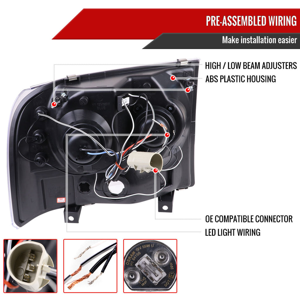1999-2004 Ford Excursion F-250 F-350 F-450 F-550 Dual Halo Projector Headlights (Matte Black Housing/Clear Lens)