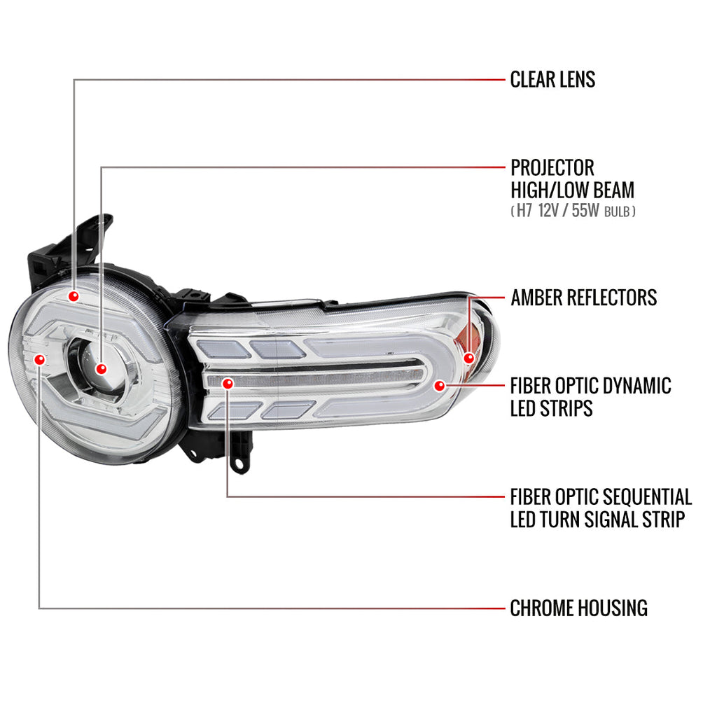 2007-2014 Toyota FJ Cruiser Switchback Sequential Turn Signal Animated LED Bar Projector Headlights (Chrome Housing/Clear Lens)