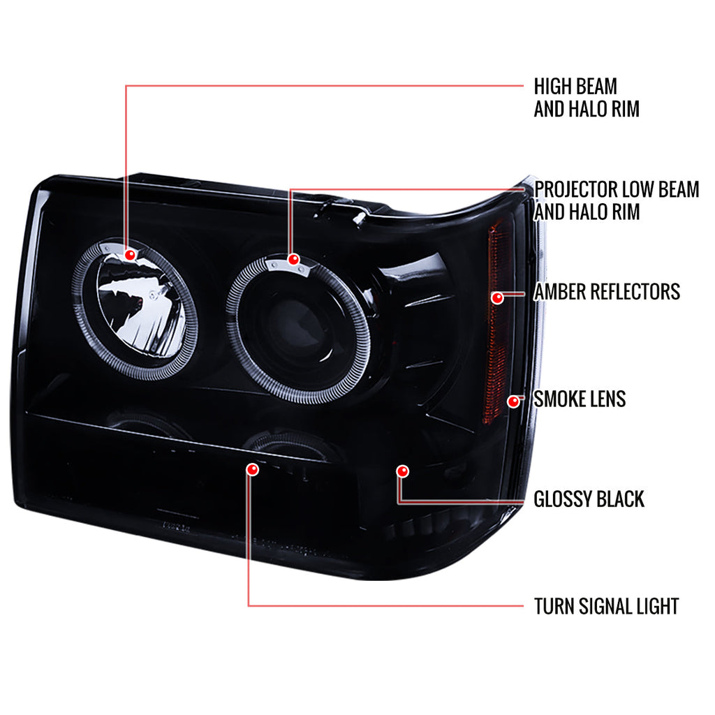 1993-1996 Jeep Grand Cherokee V2 Dual Halo Projector Headlights (Glossy Black Housing/Smoked Lens)