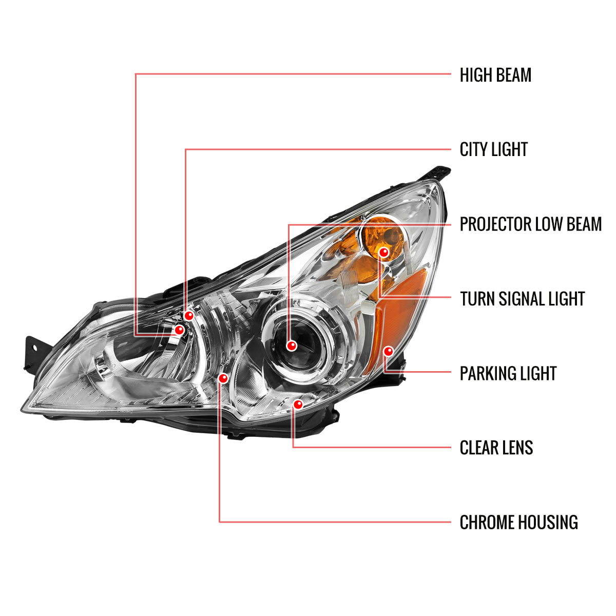 2010-2014 Subaru Legacy/Outback Projector Headlights (Chrome Housing/Clear Lens)- Driver Side Only