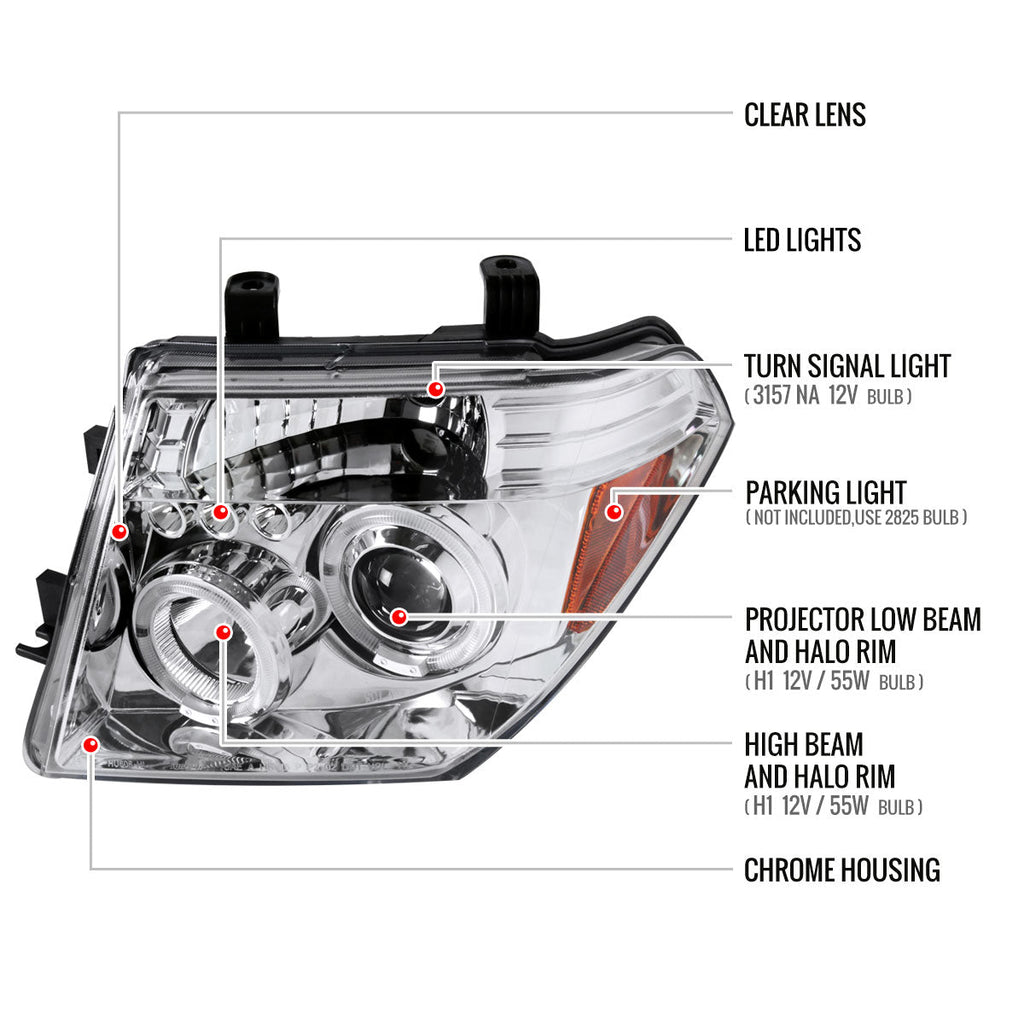 2005-2007 Nissan Pathfinder/ 2005-2008 Frontier Dual Halo Projector Headlights (Chrome Housing/Clear Lens)