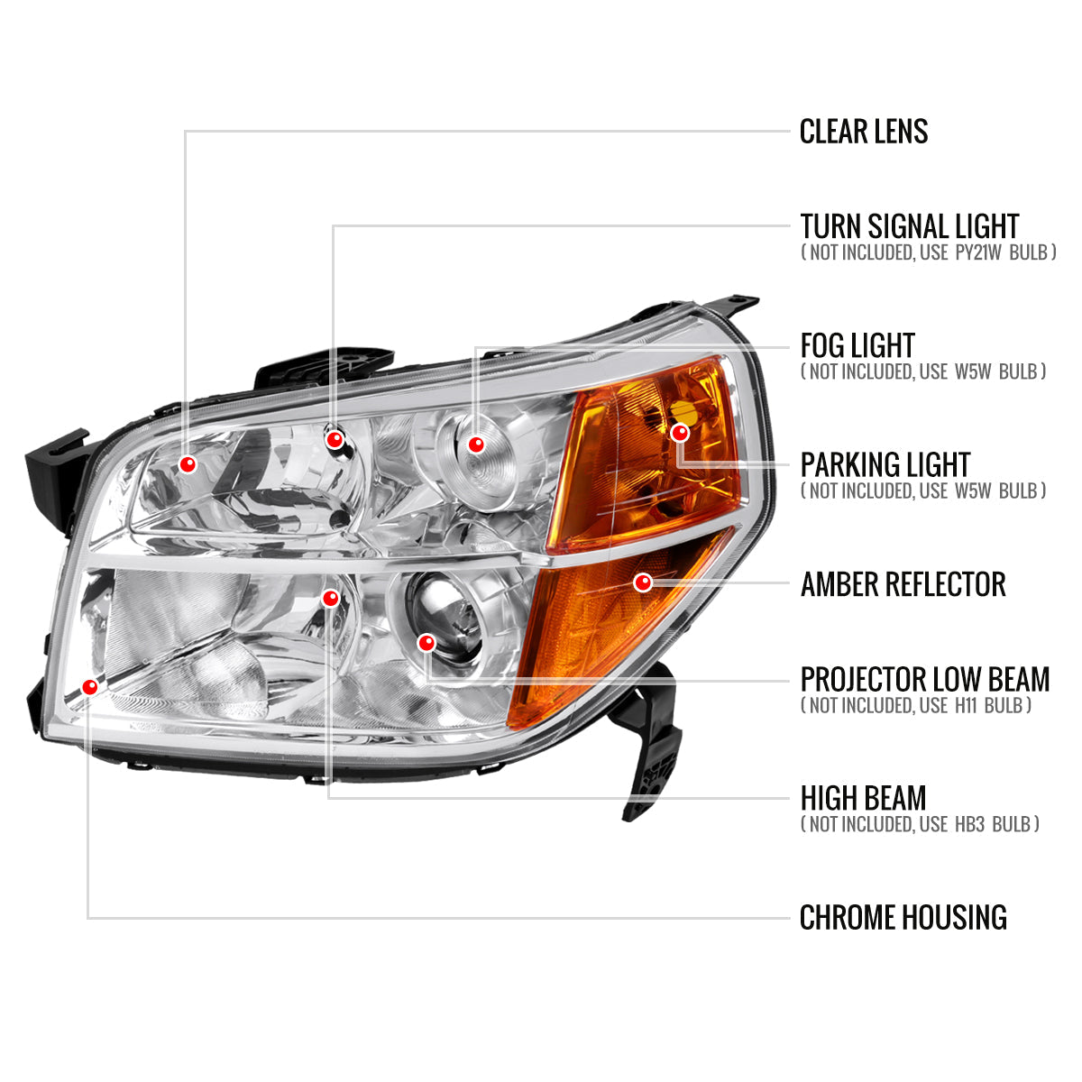 2006-2008 Honda Pilot Projector Style Headlights (Chrome Housing/Clear Lens)